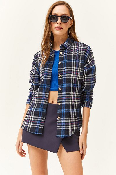 Olalook Women's Black Saks Blue Plaid Lumberjack Shirt
