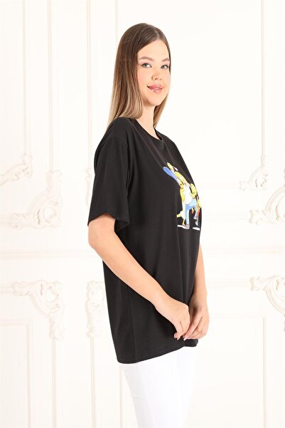 Seamoda Printed Oversize Plus Size Tshirt-BLACK