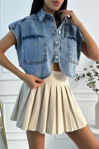 ZAROLİ Oversize Blue Denim Women's Vest - Crop