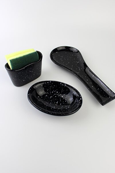 ALBETTO طقم مطبخ سيراميك - 3 قطع، حامل ملعقة اسفنج، صحن صابون صلب، جرانيت أسود
