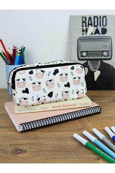 OneSize Pencil Case Cute Cows Two-Compartment Vegan Leather (Double-Eye Pen Holder)