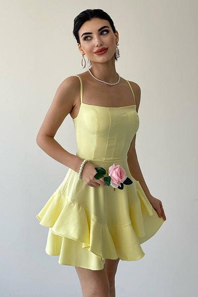 vuvutasarım Baumwollatlasstoff, dünner Trägerrock mit Bodendetail, gelbes Mini-Abendkleid, Baby 102