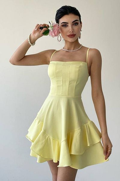 vuvutasarım Baumwollatlasstoff, dünner Trägerrock mit Bodendetail, gelbes Mini-Abendkleid, Baby 102