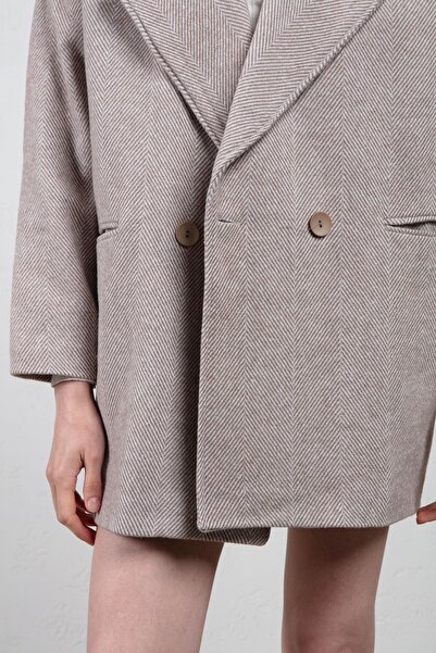 vuvutasarım Λεπτομέρεια τσέπης γιακά με μοτίβο ψαροκόκκαλο Χαμηλό μανίκι Oversize Mold Mink Stash Coat 7060