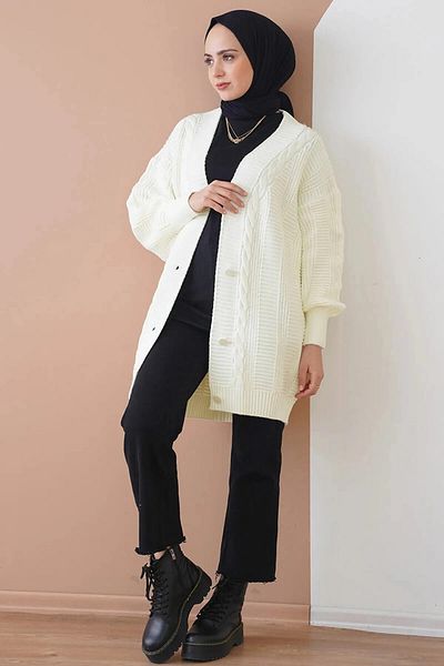 hazelin Women's Hijab Ecru Hair Knitted Pattern Long Buttoned Comfortable Cut Knitwear Cardigan HZL24W-BD1100691