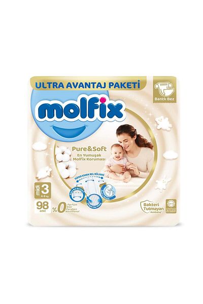 Molfix Pure&Soft Baby Diapers Size:3 (4-9Kg) Midi 98 Pieces Ultra Advantage Pk