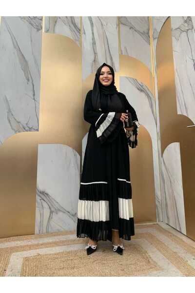 Bym Fashion Μανίκι και φούστα Δίχρωμη μέση Πλισέ Abaya 7454 Μαύρο-Λευκό
