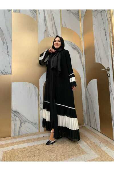 Bym Fashion Μανίκι και φούστα Δίχρωμη μέση Πλισέ Abaya 7454 Μαύρο-Λευκό