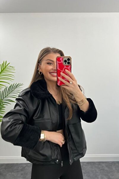 VESS MODA Černý dámský kožený kabát s kompletní hedvábnou kožešinou uvnitř standardního střihu Vhodné pro velikosti S - M - L