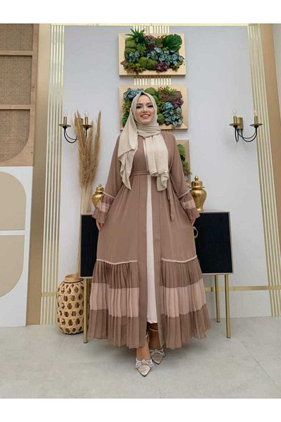 Bym Fashion Двуцветен ръкав и пола с колан, плисирана абая 7454 Норка