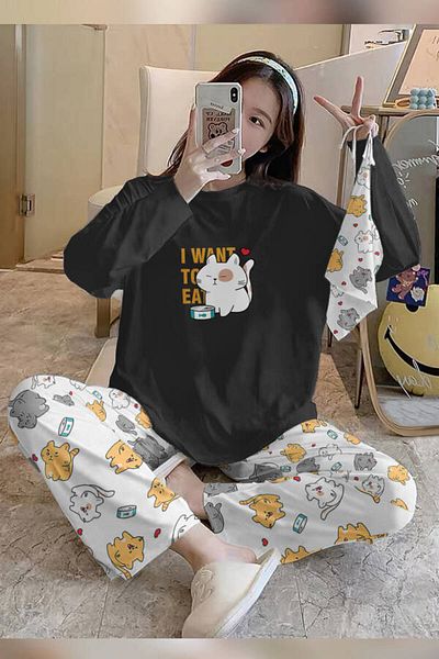 PEMBİŞ HOMEWEAR Bahd Cat42 Black Supersoft Women's Pajama Set 3411