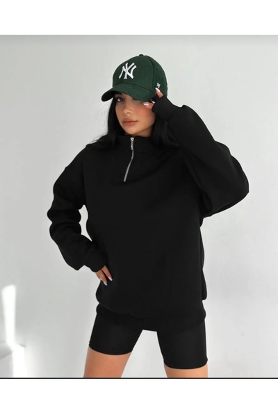 NewCabin Συνδυασμός 3 τεμαχίων με μισό φερμουάρ Βαμβακερό μαύρο ιδρώτα-βαμβακερό μαύρο παντελόνι φούτερ Σετ κάτω μέρος 3