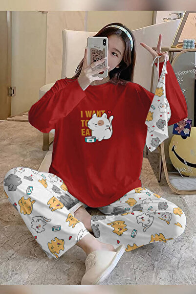 PEMBİŞ HOMEWEAR طقم بيجامة نسائية سوبر سوفت باللون الأحمر Cat42 - 3409