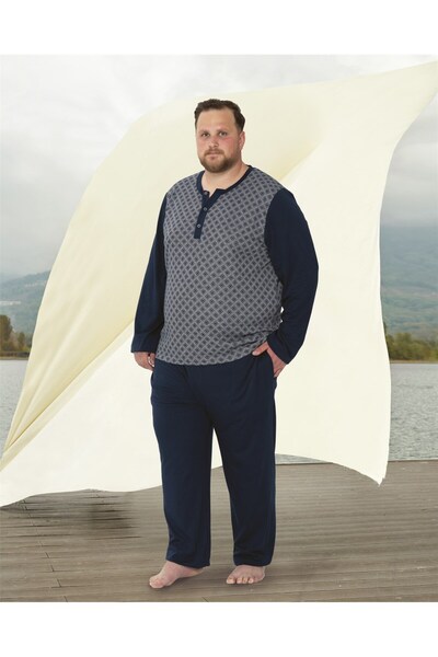 Doreanse Erkek Büyük Beden Lacivert Desenli Düğme Yakalı Uzun Kol T-shirt Pij...