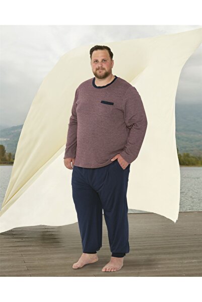 Doreanse Erkek Büyük Beden Lacivert Bordo Uzun Kol T-shirt Pijama Takımı 4613p