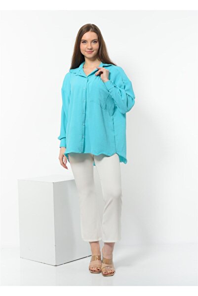 Nuseel Kadın Aerobin Kumaş Düğmeli Oversize Gömlek Turkuaz