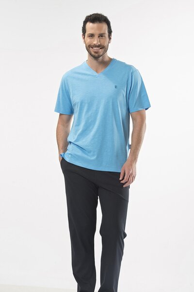 Cacharel 2137 Açık Mavi Erkek Şantuklu V Yaka Nakışlı Kısa Kol Pijama Takım