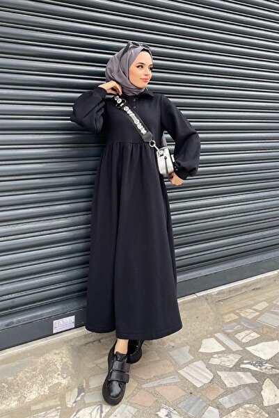 Şule Giyim Önden Düğmeli Üç Iplik Elbise Siyah