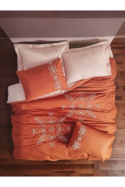 ŞENER HOME Σετ Παπλωματοθήκη Cottonbox Brode Διπλό - Κεντημένο Ranforce, Tiva Beige