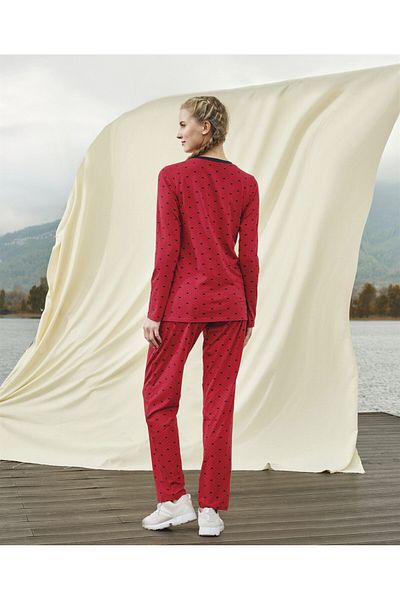Doreanse Women's Red Heart Patterned Long Sleeve T-shirt Pajama Set 4203
