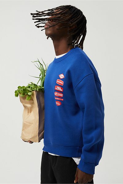 Eazy Co Eazy Logo Oversize Unisex Saks Blue Crew Neck Thick Sweatshirt