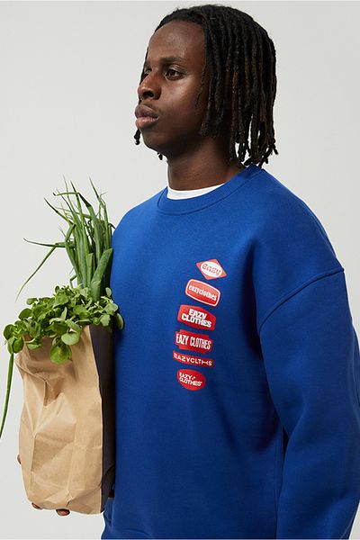 Eazy Co Eazy Logo Oversize Unisex Saks Blue Crew Neck Thick Sweatshirt