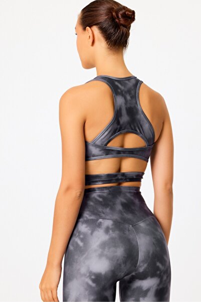 GRAB Gray Tie Dye Pattern Tulle Detailed Sports Bra