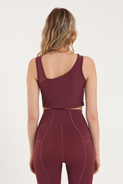 GRAB Burgundy Shoulder Tulle Detailed Sports Bra