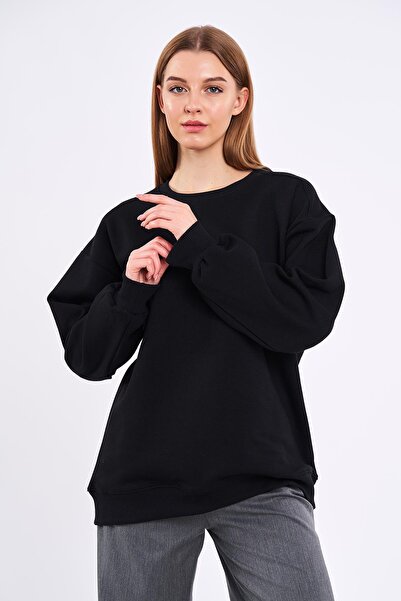 COMEOR Μαύρο γυναικείο φούτερ από βαμβακερό Oversize Basic Crew Neck