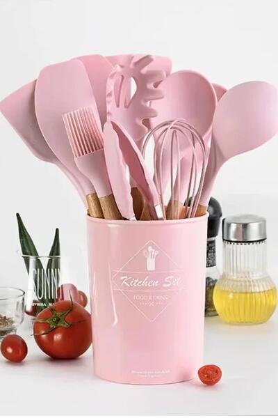 ALBETTO 12 Parça Silikon Servis Takımı Ahşap Saplı Kepçe Kevgir Pembe