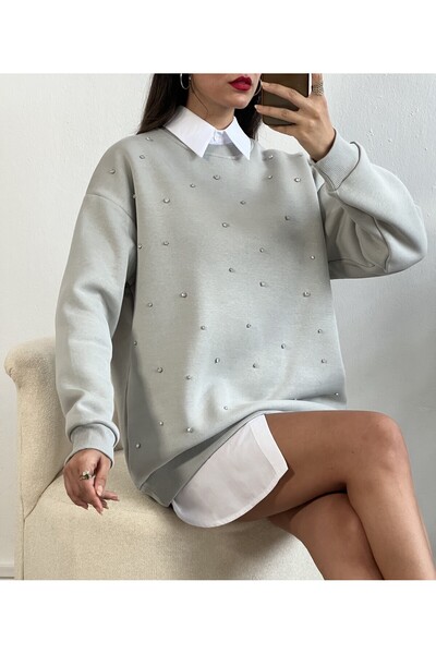 minaaise Hanorac oversize brodat cu piatră gri de colorat 26202