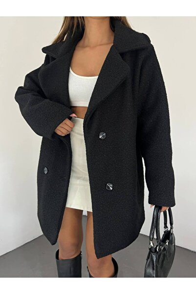 NEWLAKER Чорний пальто з кашеміровими ґудзиками та підкладкою до колін