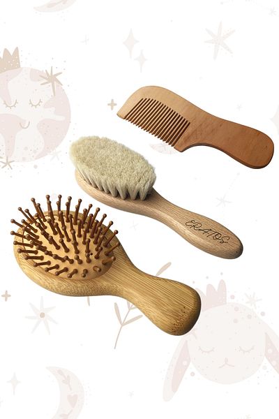 ERATOS Set of 3 for Babies - Bamboo Comb - Baby Comb with Goat Hair - Long Boxwood Comb