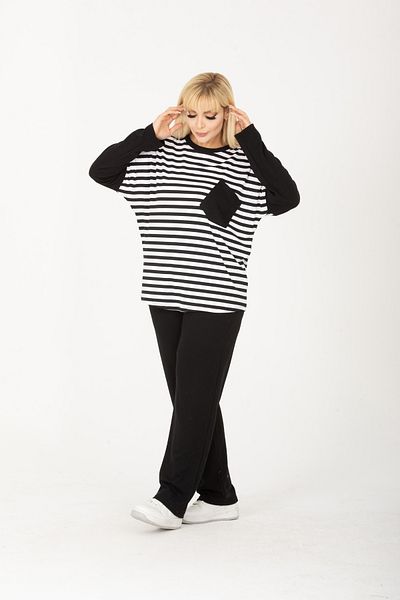 xlargebutik PLUS SIZE WOMEN'S CLOTHING TWO THREAD COMBED FABRIC BLACK AND WHITE STRIPED SUIT