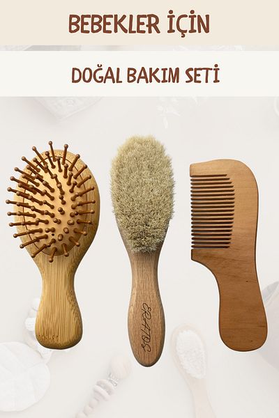 ERATOS Set of 3 for Babies - Bamboo Comb - Baby Comb with Goat Hair - Long Boxwood Comb
