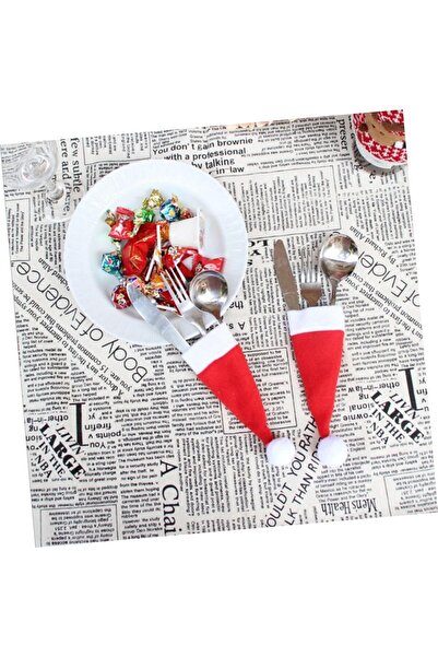 Denseden 6 Adet Dekoratif Noel Baba şapkası Kaşıklık - Yılbaşı sofra dekoru kaşıklık servis sunumluk