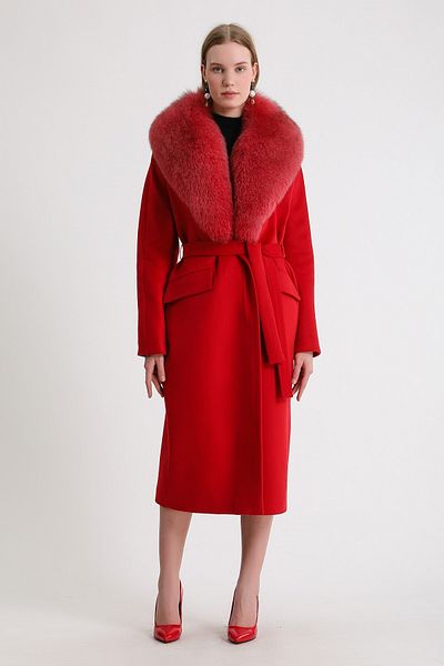 Leather Club Red Fox Fur Accessory Cashmere Coat