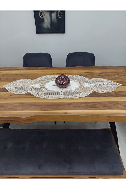 İSSE TEKSTİL Runner, Masa Örtüsü, Kahve Tonlarda Dantel Işlemeli 140x47