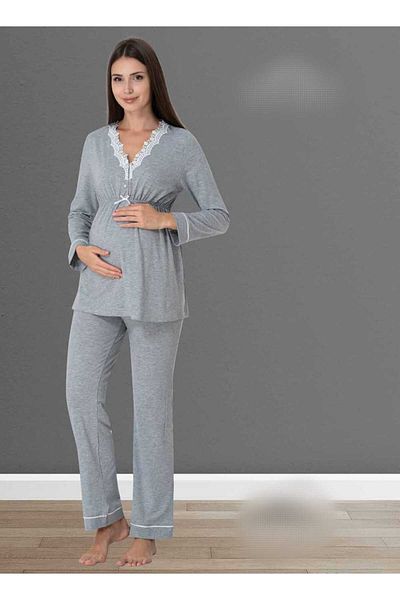 Lohussa Women's Gray Design Lacy Cotton Maternity Maternity Dressing Gown Pajamas Set 3 Pieces