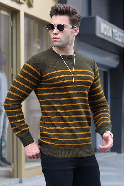 Madmext Khaki Striped Crew Neck kötöttáru 5992 pulóver