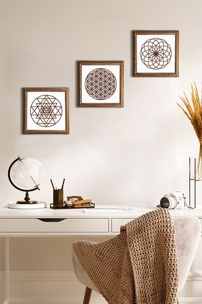 Pinecone Floarea vieții, Sri Yantra Pictură pe perete din piatră Decor de perete cu rame din lemn Set de pictură din 3 piese Artă de perete
