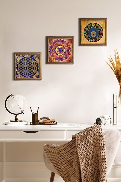 Pinecone Mandala, Flower of Life, Evil Eye Stone Wall Painting Wood Framed Wall Decor 3-Piece Painting Set W3-374