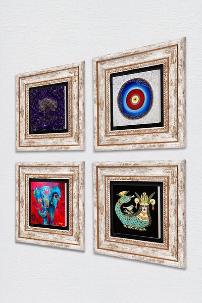 Pinecone Evil Eye, Tree of Life, Elephant, Shahmeran Stone Wall Painting Framed Wall Decor Set of 4 Paintings Tk4-1142