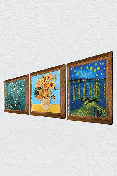Pinecone Van Gogh Pictură pe perete cu piatră Decor de perete cu rame din lemn Set de pictură din 3 piese Wall Art W3-506