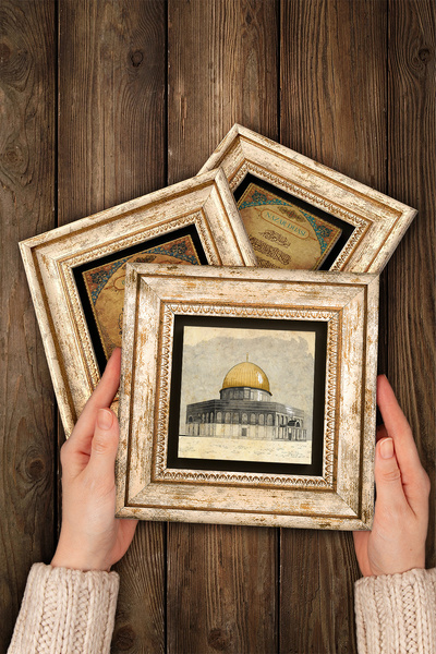 Pinecone Kabe-i Muazzama, Mescid-i Aksa, Ravza-i Mutahhara Taş Duvar Tablosu Çerçeveli Duvar Dekoru 3lü Tablo