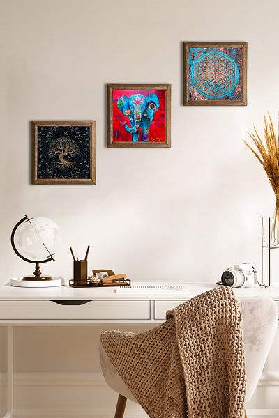 Pinecone Elefant, Floarea Vieții, Arborele Vieții Pictură pe perete din piatră Decor de perete cu rame din lemn Set de picturi din 3 piese W3-157