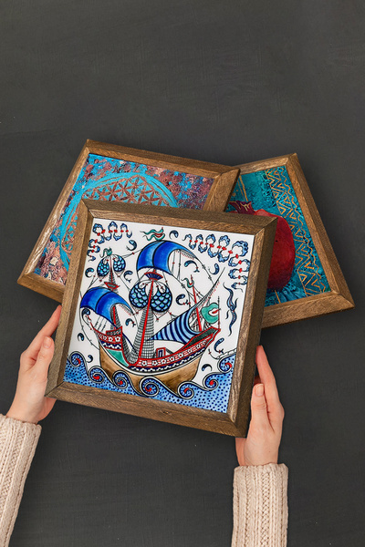 Pinecone Tile Art Tulip, Sailing Ship Stone Wall Painting with Wooden Frame Wall Decor 3 Piece Painting Set