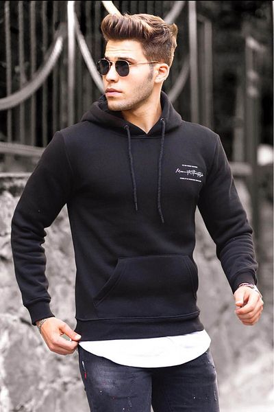 Madmext Printed Black Hooded Sweatshirt 4395