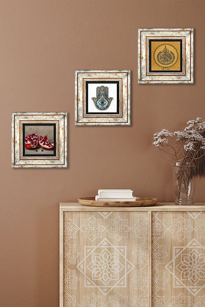 Pinecone Verse-Hand Kursi, Pomegranate, Fatma Mother Hand (Hamsa) Stone Wall Painting Framed Wall Decor Set of 3 Tk3-768