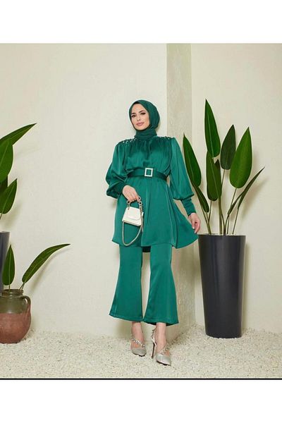 Ahel Tasarım Satin Stone Detailed Evening Dress Set